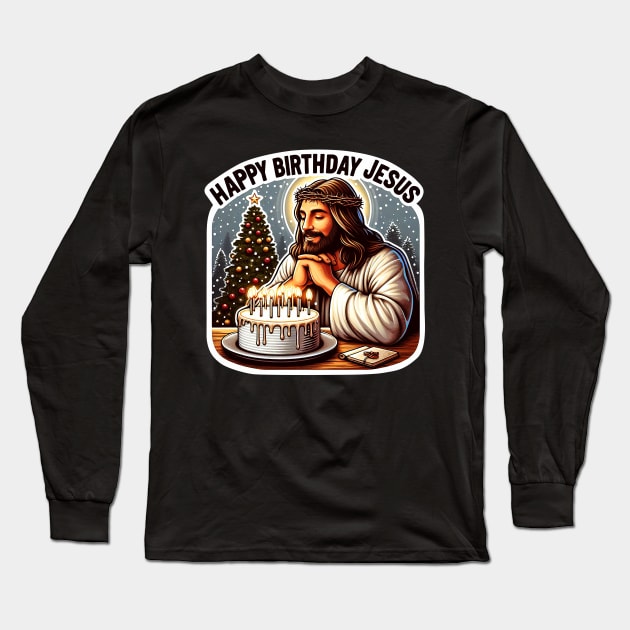 Happy Birthday Jesus Make A Wish Birthday Cake Christmas Trees Snowing Long Sleeve T-Shirt by Plushism